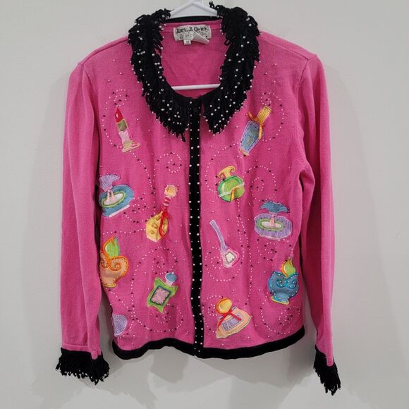 Jack B Quick Womens Full Zip Sweater Size Medium Pink Embroidered Perfume Bottle - Picture 1 of 9